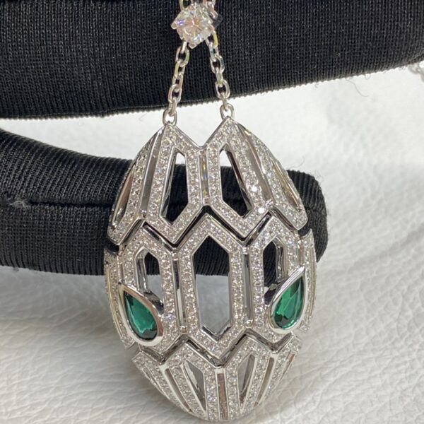 Custom Bvlgari Serpenti Seduttori 18K White Gold Diamond Emerald Pendant Necklace