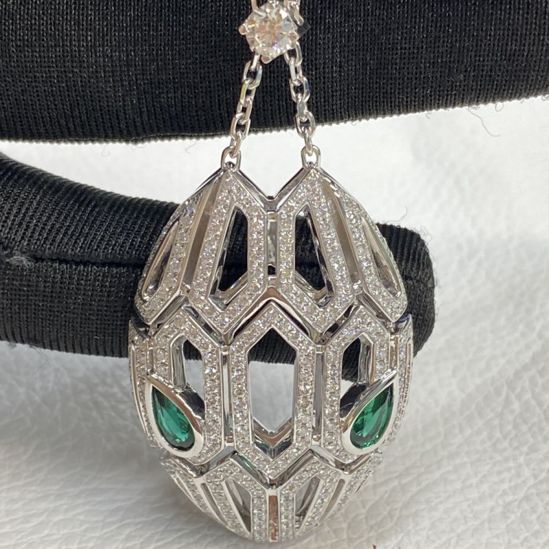 Custom Bvlgari Serpenti Seduttori 18K White Gold Diamond Emerald Pendant Necklace (3) Custom Bvlgari Serpenti Seduttori 18K White Gold Diamond Emerald Pendant Necklace