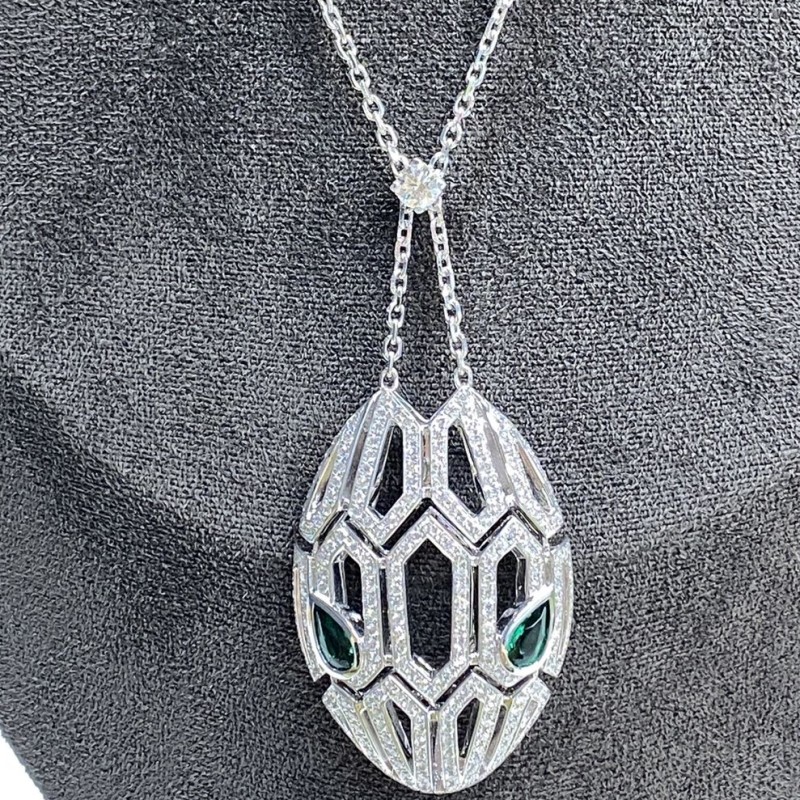 Custom Bvlgari Serpenti Seduttori 18K White Gold Diamond Emerald Pendant Necklace (4) Custom Bvlgari Serpenti Seduttori 18K White Gold Diamond Emerald Pendant Necklace