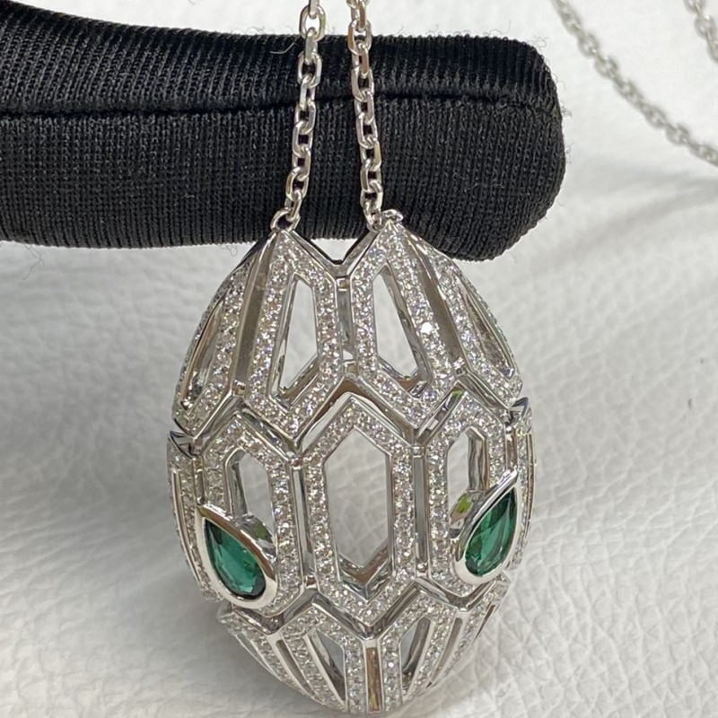 Custom Bvlgari Serpenti Seduttori 18K White Gold Diamond Emerald Pendant Necklace Custom Bvlgari Serpenti Seduttori 18K White Gold Diamond Emerald Pendant Necklace
