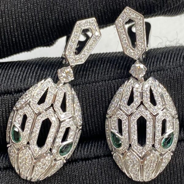 Luxury Bvlgari Serpenti Seduttori Set Emerald Diamond 18K White Gold Earrings