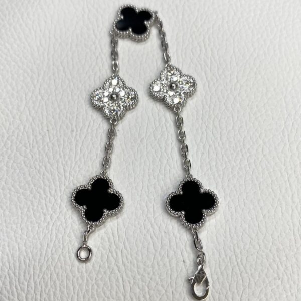 Replica Van Cleef Arpels 18K White Gold 5 Motifs Diamond Onyx Vintage Alhambra Bracelet