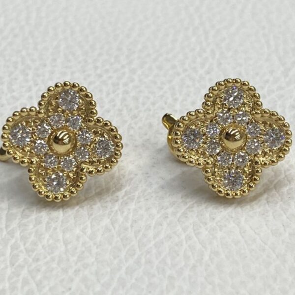 Custom Van Cleef Arpels 18K Yellow Gold Paved Diamond Vintage Alhambra Earrings
